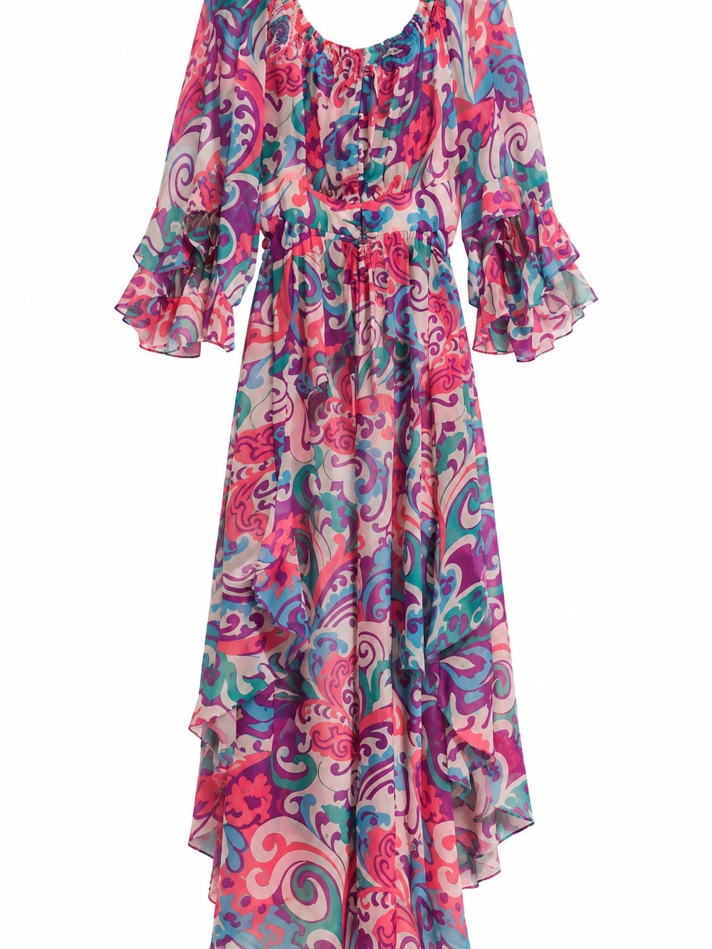 Ashley Stewart Pink Purple Turquoise Flowy Ruffle Top Short Front Long Back